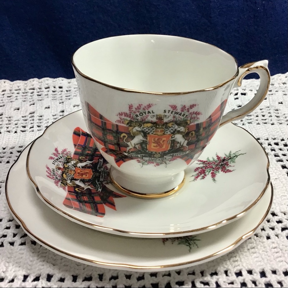 Vintage Royal Grafton Tartan Stewart England Bone China tea cup, saucer, plate